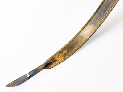 An Eastern steel bow, of shaped form with yellow metal inlay, scroll and floral border, 83cm wide. (AF) - 4