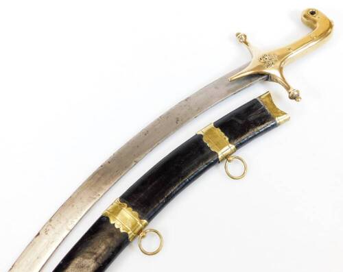 An officer's cavalry sabre sword, with plain curved blade, shaped handle and black leather scabbard with double upper ring banding, 84cm wide.