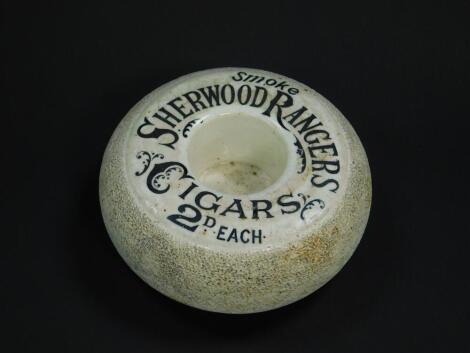 A Frank A Chatwin late 19thC stoneware match striker, printed in black, advertising 'Smoke Sherwood Rangers Cigars, 2d Each', printed mark, 11.5cm diameter.