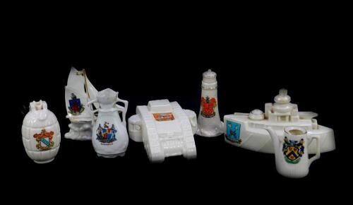 Crested china, comprising a Grafton battleship, Arms of Paddington., WWI tank, Arms of Redhill., grenade, Arms of Cleethorpes., yacht., lighthouse., coffee pot and twin handled vase. (AF) (7)