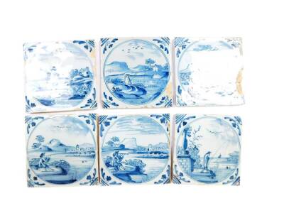 Six 18thC Dutch deltware tiles, decorated with figures fishing, looking through a telescope, and standing, within circular reserves, 12.5cm.