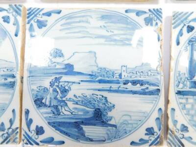 Six 18thC Dutch deltware tiles, decorated with figures fishing, looking through a telescope, and standing, within circular reserves, 12.5cm. - 2