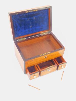 A Georgian satinwood and rosewood banded jewellery box, of rectangular section, with a hinged lid, the front with mother of pearl key escutcheons and three frieze drawers, 14cm high, 23cm wide, 14.5cm deep. - 3