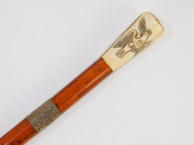 A Victorian Masonic malacca sword stick, with ivory handle, carved with the all seeing eye, dove, set square and compass, with silver ferrule, Birmingham 1884, stick 87cm high, blade 65cm wide. - 2