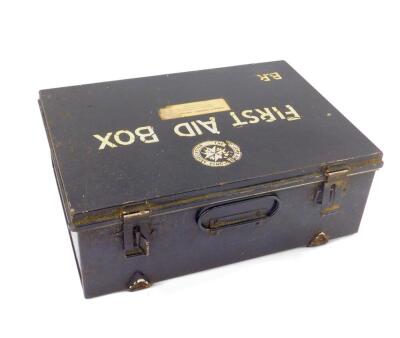 A British Rail and St John Ambulance Association First Aid box, the hinged black metal tin opening to reveal vintage and later contents, 13cm H, 35cm W, 25cm D.