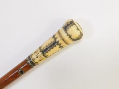 A Georgian malacca lady's pomander cane, the ivory handle with silver pique decoration, unscrewing to reveal the pomander, 91.5cm high. - 3