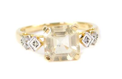 A 9ct gold serenite and diamond ring, the octagonal claw set serenite with diamond set shoulders, serenite 2.08cts, size L/M, 1.95g gold.