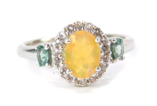 A silver Ethiopian opal Orissa Alexandrite and white topaz ring, size N/O, with certificate.