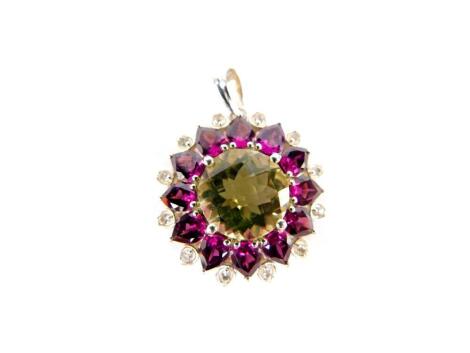 A silver lemon quartz Rhodolite garnet and white topaz pendant, lemon quartz 6.17cts, with certificate.