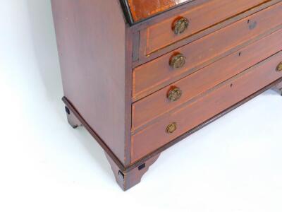 An Edwardian mahogany and satinwood cross banded bureau bookcase, the outswept pediment over base doors, opening to reveal three shelves, above a fall flap, opening to reveal drawers and recesses, above four long graduated drawers, raised on bracket feet, - 2