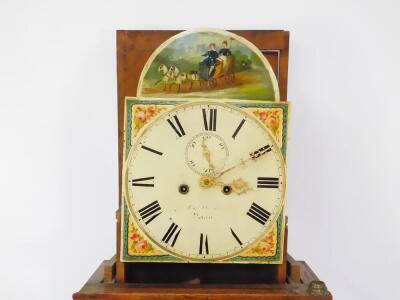 Thomas Pearce of Bourne. A Georgian oak and mahogany cross banded longcase clock, the enamel break arch dial painted with a goat drawn carriage, containing a gentleman and lady, dial bearing Roman numerals, two train eight day movement, with bell strike,