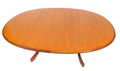 A G-Plan teak draw leaf oval dining table, with one additional leaf, raised on curved T shaped supports united by a stretcher, 163cm wide, 208.5cm extended, 106.5cm deep, 71cm high, together with six model number 4540, comprising a pair of carvers and fou - 4