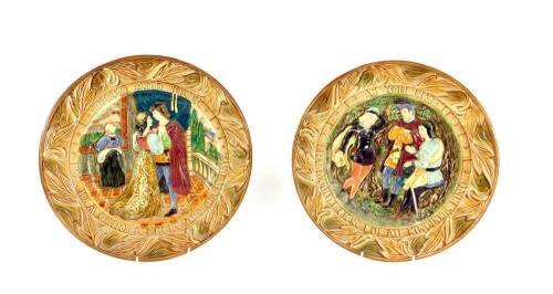 A pair of Beswick pottery Shakespearean wall plates, relief moulded with "For in a minute there are many days" from Romeo and Juliet, and "That would I - were I of all Kingdoms King" from As You Like It, printed marks, 31cm diameter.