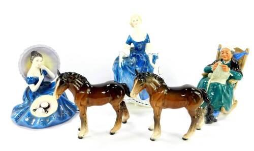 Three Royal Doulton figures, comprising Twilight HN2256, Pensive Moments HN2704, and Hillary HN2335, together with two Beswick ponies. (AF) (5)