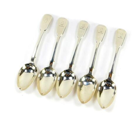 A set of five Victorian silver dessert spoons, crest engraved, Chawner & Company, London 1842, 8.33oz.