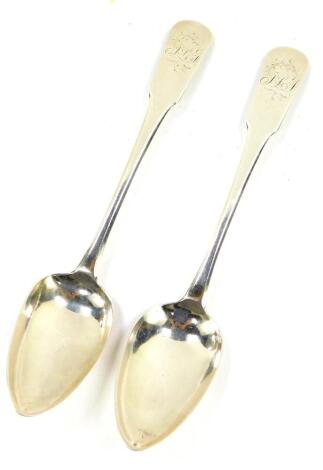 A pair of George III Scottish silver tablespoons, monogram engraved, Andrew Wilkie, Edinburgh 1817, 3.60oz.