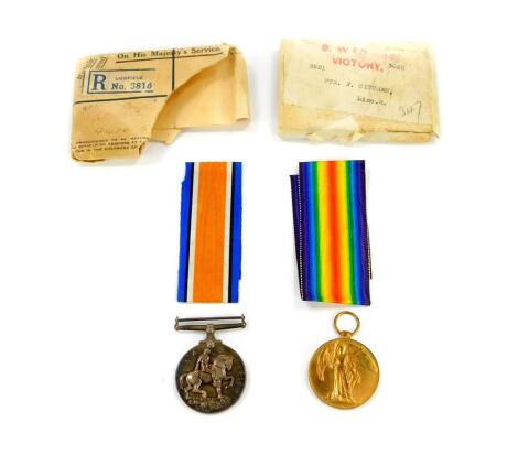 A pair of WWI medals, named to Pte F Mitcham, Lincolnshire Regiment 3921, comprising Great War and Victory medals.