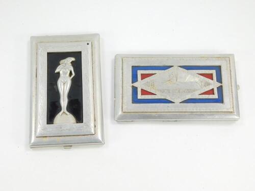 Two WWII Egyptian sweetheart cigarette cases, the first engraved with the badge of the Lincolnshire Regiment and Egypt, verso Egypt 1947, internally with a pair of doves, and a couple embracing under a lamp post, the other with a nude lady atop a globe, v