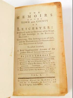 Throsby (John). The Memoirs of The Town and County of Leicester, with map and numerous plates, published 1777, rebound with half leather and marbled boards, with gilt tooled spines, Ex Libris Drusilla Armitage. - 2