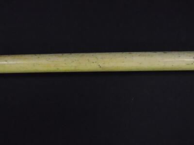 A 19thC whale bone walking cane, the partially fluted shaft with baleen washers, the sperm whale tooth handle carved as a Victorian lady's leg, 85.5cm high. - 6