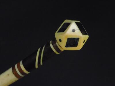 A 19thC whale bone and baleen inlaid walking cane, the faceted rhomboid handle with mother of pearl inlay, 82.5cm high. - 2