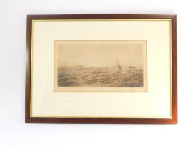 W Stewart Collie (British, early 20thC). Naval squadron at full steam with sailing yacht, etching, signed, 6.5cm x 30cm wide. - 2