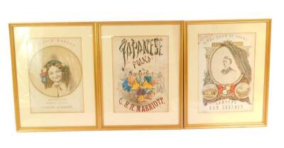 Three Victorian coloured lithographic music covers, comprising Little Bo Peep, quadrille on nursery rhymes by Charles D'albert, Lancers by Dan Godfrey, and Japanese Tolkien by C H R Marriott each 32cm high, 22.5cm wide.