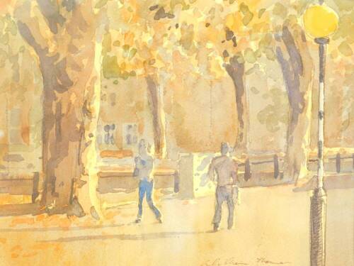 William Thomas (British, 20thC). Figures walking under autumnal trees, watercolour, signed, 20.5cm high, 25cm wide.