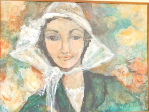 Honor (20thC). Head and shoulders portrait of a lady in a white hat, oil on canvas, board, signed, 44.5cm high, 60cm wide.