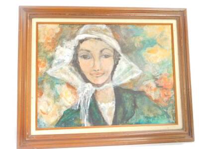 Honor (20thC). Head and shoulders portrait of a lady in a white hat, oil on canvas, board, signed, 44.5cm high, 60cm wide. - 2