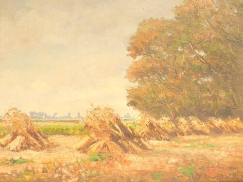 Germany School (20thC). Landscape with haystacks, oil on board, signed, 48.5cm high, 58cm wide.