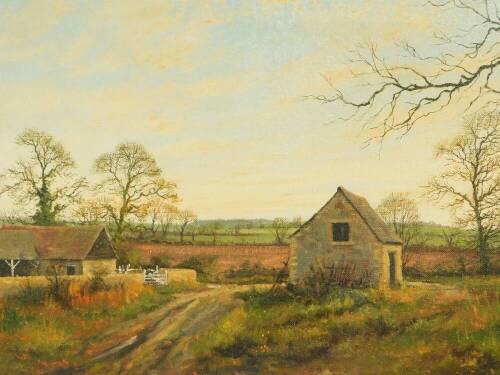 James Wright (British, b.1935). Landscape with farmstead, oil on canvas, signed, 44cm x 67cm.