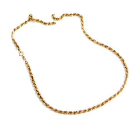 A 9ct gold rope twist neck chain, on a bolt ring clasp, 7.2g. (AF)