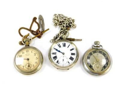 A Swiss gentleman's silver plated pocket watch, open faced, key wind, enamel dial bearing Roman numerals, subsidiary seconds dial on a silver curb link Albert chain with keys, an Ingersol pocket watch, and an Ingersol Triumph pocket watch. (3)