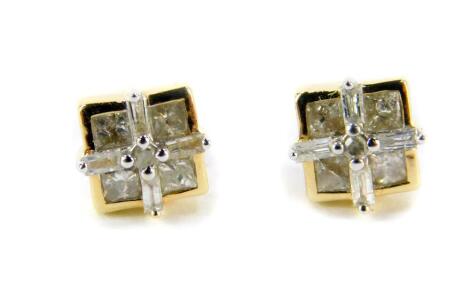 A pair of 9ct gold and diamond earrings in a square setting, approx 0.5cts, 1.4g gold, with certificate.