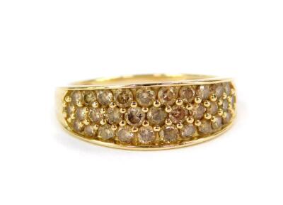 A 9ct gold and champagne diamond pave set ring, 1ct, size N/O, 2.99 gold, with certificate.