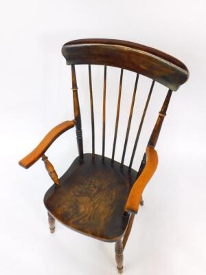 A Victorian oak and elm lady's stick back kitchen chair, raised on turned legs united by an H frame stretcher. - 2