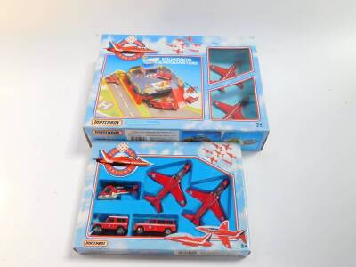 A Matchbox die cast The Red Arrows Squadron Headquarters MC-160, further set MC-24, Aeroplane and Land Rover SB822, Aeroplane and Royal Air Force Transport CY108, and six Red Arrows planes SV-37. (10) - 2