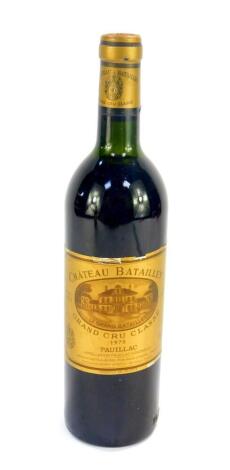 A bottle of Chateau Batailley Grand Cru Classe Pauillac 1978, high shoulder.