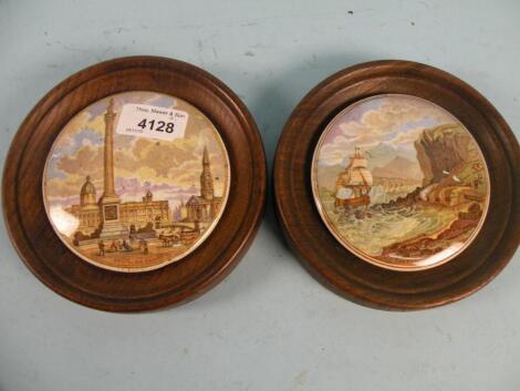 A 19thC Prattware type pot lid "The Chin-Chew River" and another