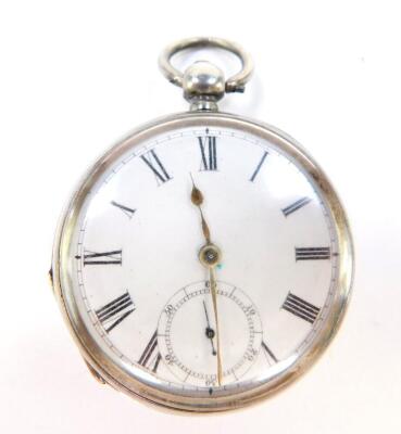 A Victorian gentleman's silver cased pocket watch, open faced, key wind, enamel dial bearing Roman numerals, subsidiary seconds dial, Waltham movement, No 1761664, the plain case with shield reserve, Birmingham 1881.