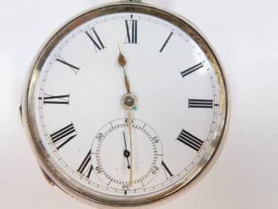 A Victorian gentleman's silver cased pocket watch, open faced, key wind, enamel dial bearing Roman numerals, subsidiary seconds dial, Waltham movement, No 1761664, the plain case with shield reserve, Birmingham 1881. - 2