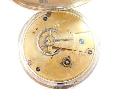 A Victorian gentleman's silver cased pocket watch, open faced, key wind, enamel dial bearing Roman numerals, subsidiary seconds dial, Waltham movement, No 1761664, the plain case with shield reserve, Birmingham 1881. - 3