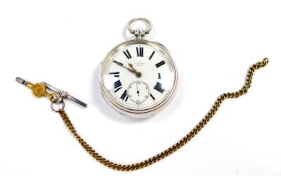 A Victorian gentleman's silver cased pocket watch, by H Stone, Leeds, open faced key wind, enamel dial bearing Roman numerals, subsidiary seconds dial, fusee movement, No 1126620, the plain case with shield reserve, with key.