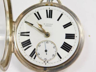 A Victorian gentleman's silver cased pocket watch, by H Stone, Leeds, open faced key wind, enamel dial bearing Roman numerals, subsidiary seconds dial, fusee movement, No 1126620, the plain case with shield reserve, with key. - 4