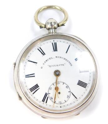 A gentleman's silver cased pocket watch, open faced, key wind, circular enamel dial bearing Roman numerals, subsidiary seconds dial, named H Samuel, Manchester, 'Accurate', movement no 47416, the case with engine turned decoration, shield reserve, Birming