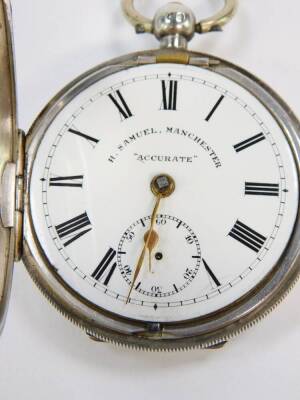 A gentleman's silver cased pocket watch, open faced, key wind, circular enamel dial bearing Roman numerals, subsidiary seconds dial, named H Samuel, Manchester, 'Accurate', movement no 47416, the case with engine turned decoration, shield reserve, Birming - 2