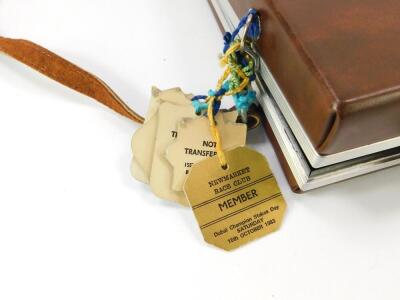 A pair of Russian 8x30 binoculars, with yellow filters, cased with Newmarket Race Member cards. - 2