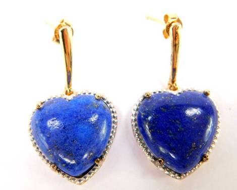 A pair of silver gilt and Sar-i-Sang lapis lazuli earrings, of heart shaped form, with certificate.