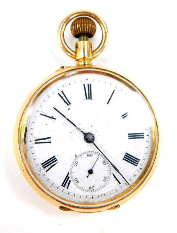 A lady's 18ct gold cased pocket watch, open faced, keyless wind, enamel dial bearing Roman numerals, subsidiary seconds dial, case monogram engraved, 37.3g all in.